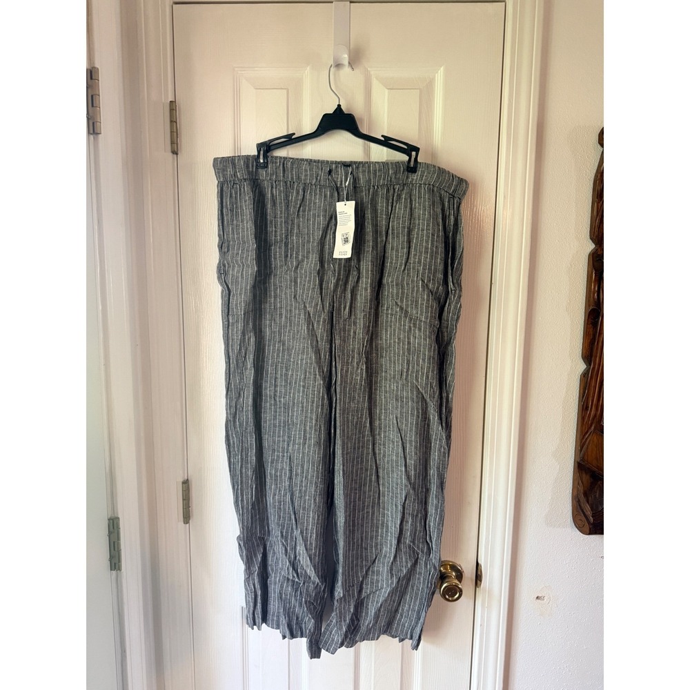 Eileen Fisher Linen Cropped Wide Leg Pants Black White Striped XL